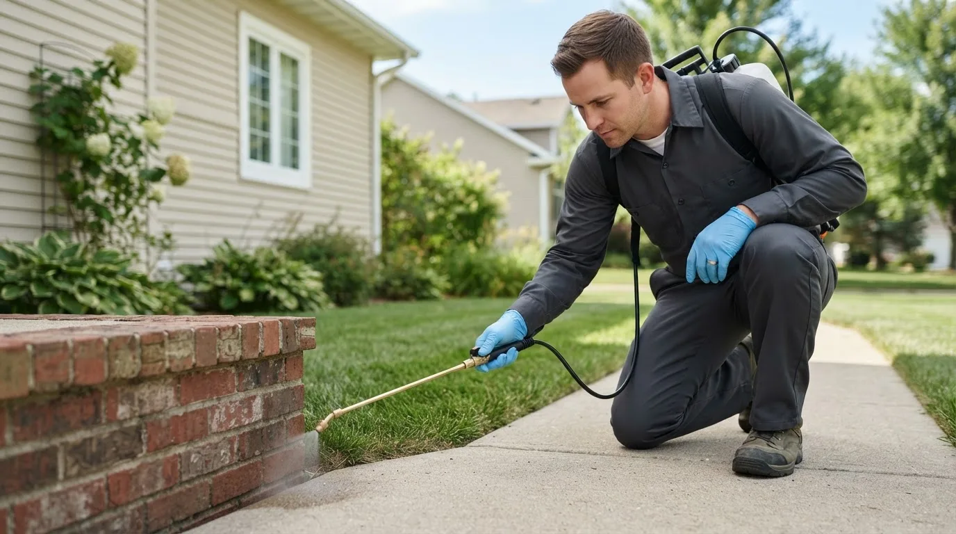 Pest control technician treating a home near Olivia, MN